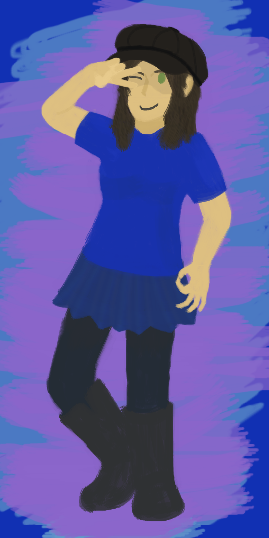 a painting of a girl posing in front of an abstract purple background. the girl has shoulder-length dark hair and hazel eyes. she is wearing a black newsboy cap, a blue t-shirt, a dark blue skirt, black leggings, and black knee-high boots. she is smiling and winking at the viewer, holding her right hand up to her face in a peace sign and her left hand down against her hip making a 'ok' gesture.